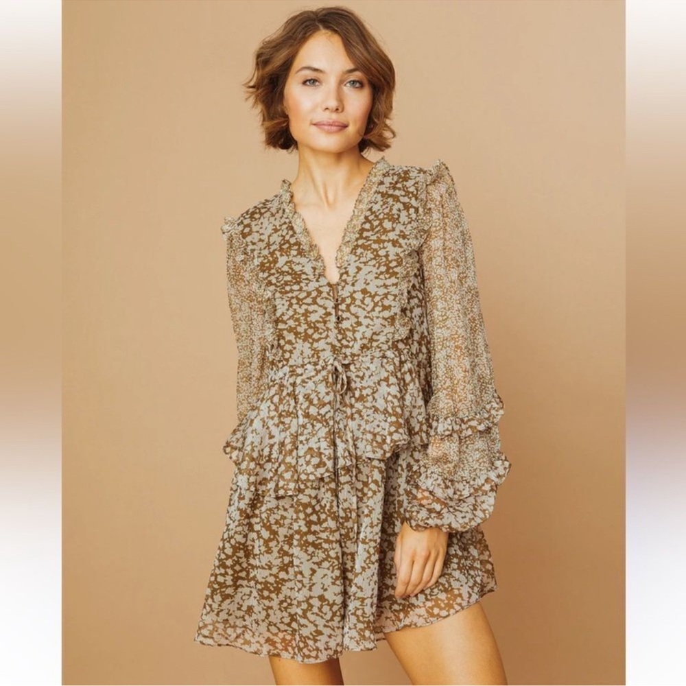 O.P.T Hilo Dress - Floral Ruffle Long Sleeve Dress - Olive & Brown